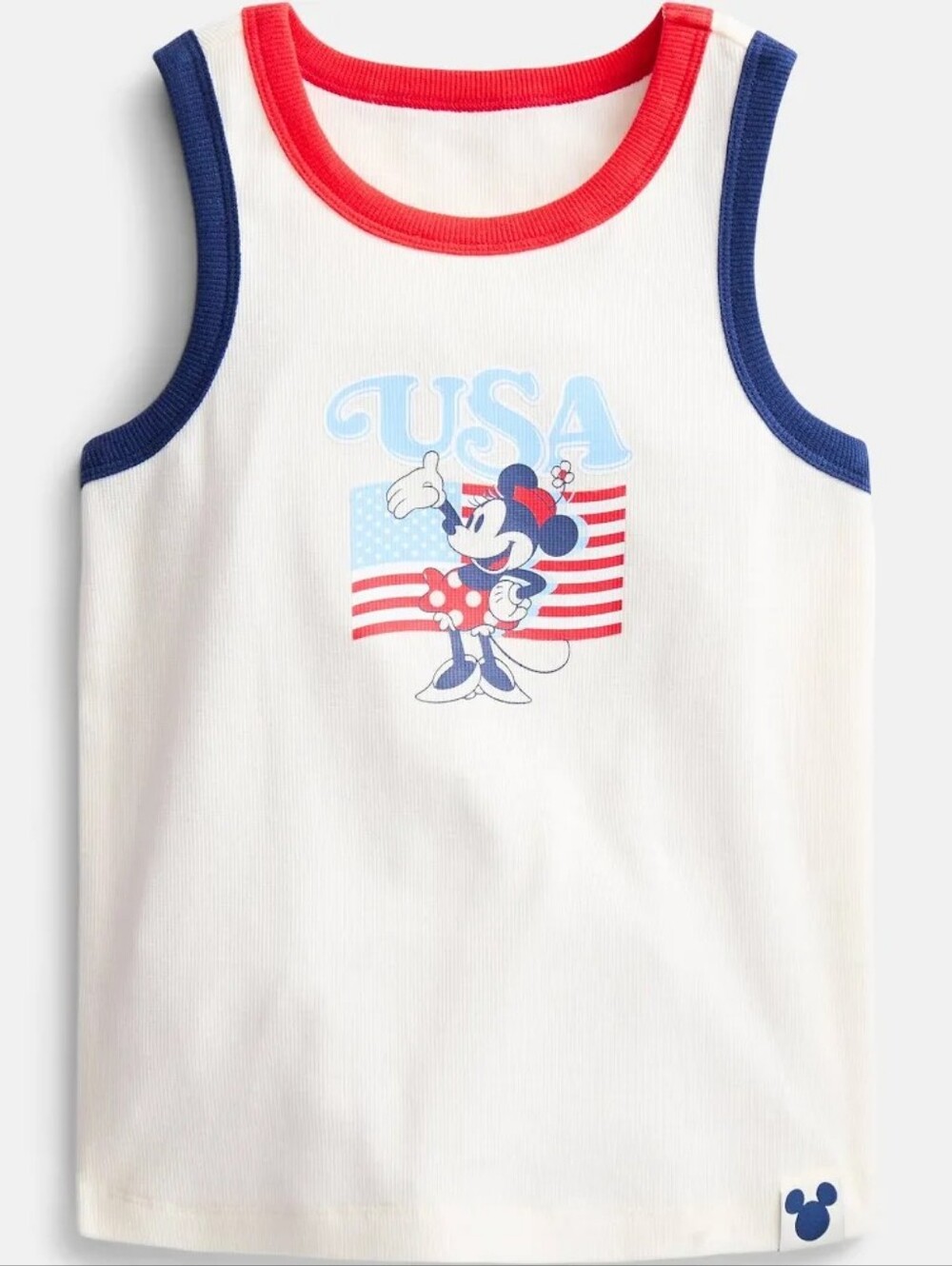Disney White Tank Top with Red & Navy Trim and Minnie USA Graphic